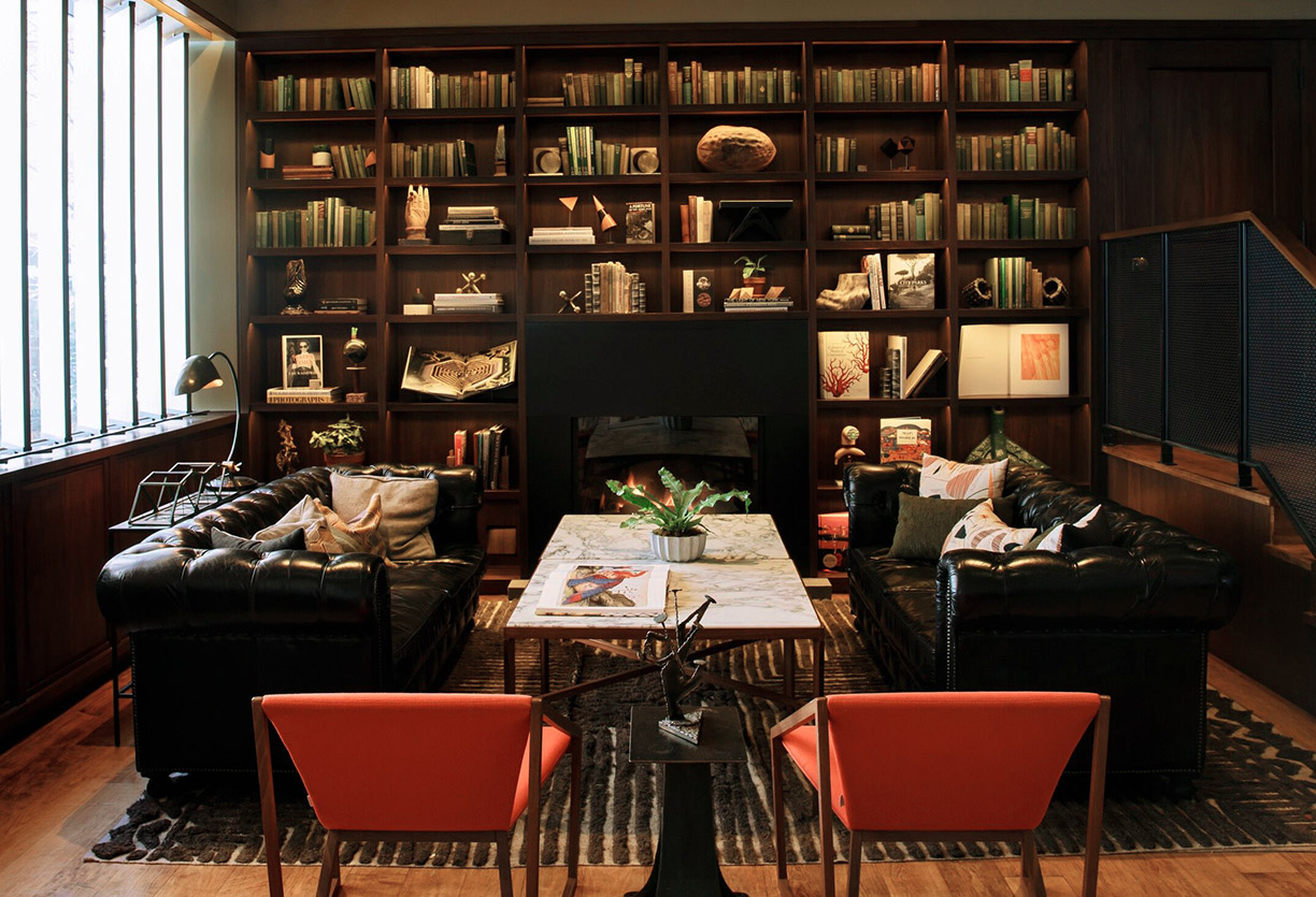 Furnishings and curated collections in the Fireside Lounge by WCIP