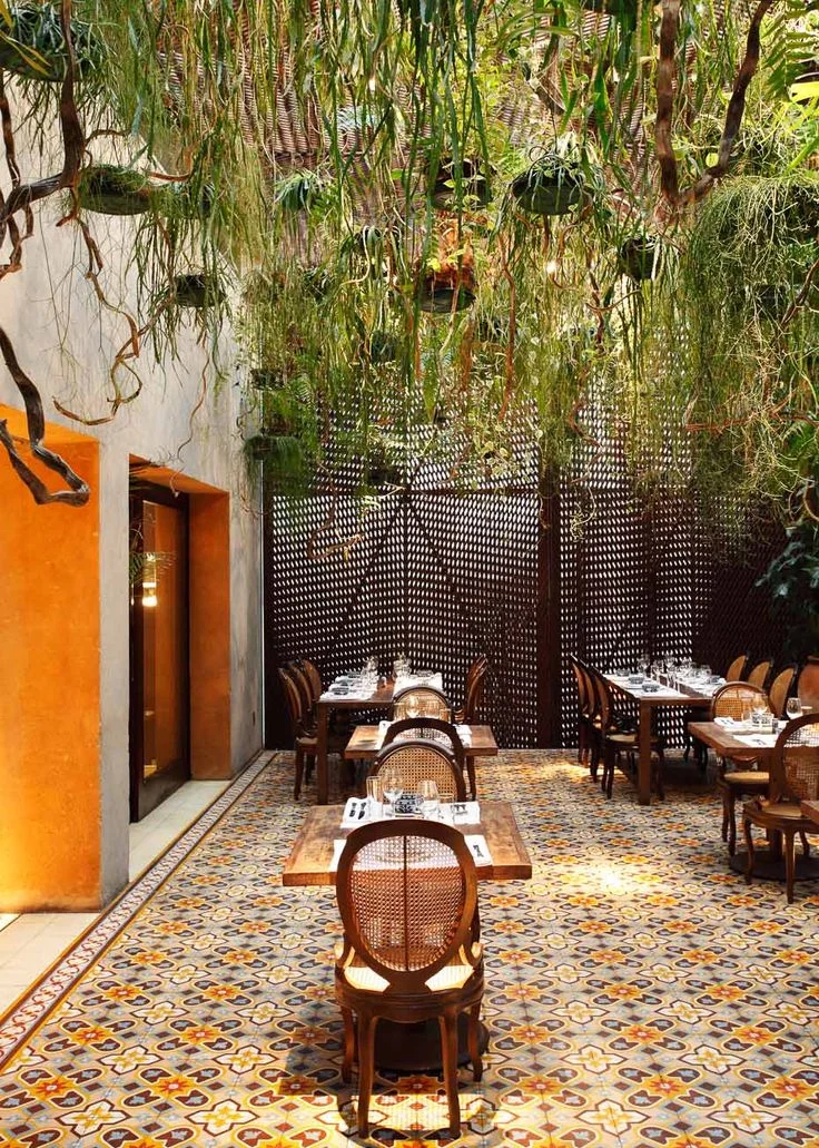Unexpected use of vegetation, slices of color, graphic flooring