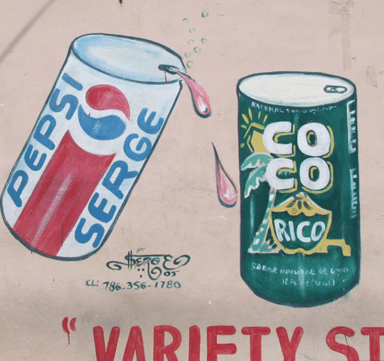 Serge Toussaint's classic mural style adorns several buildings