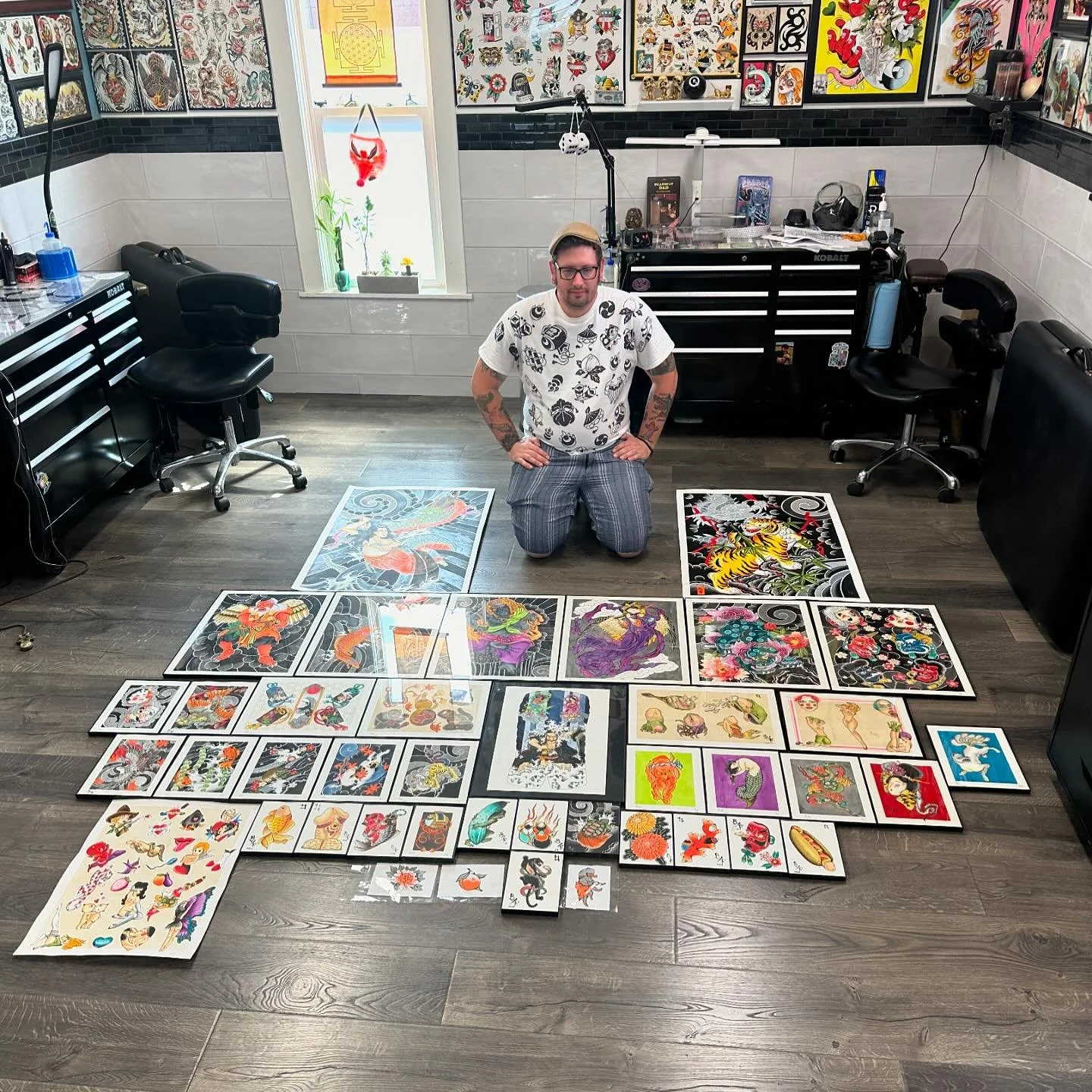 It’s been one of my slowest years since I started to tattoo 12+ years ago, so I’ve been channeling that free time into creative outlets. Here’s me with 41 out of the 44 paintings I’ve completed so far this year. I’ll hav