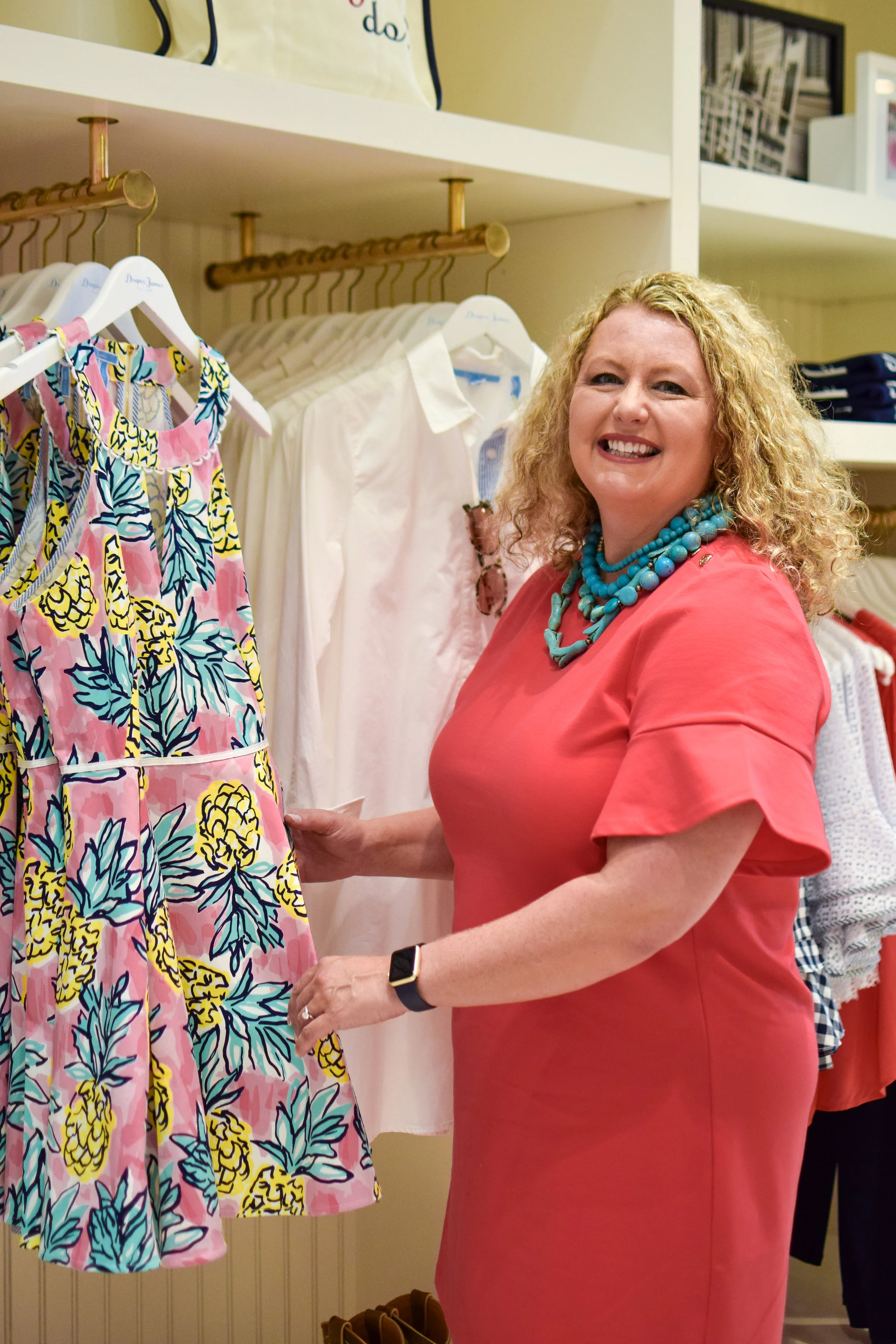  Draper James pineapple print dress , white Tulip Shirtdress , and white lace bell sleeve top , all on sale! 