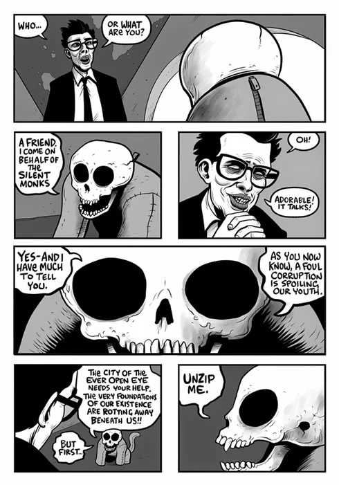 My first encounter with Tim Molloy was at an Auckland Armageddon convention in the early 00's. In those days artist's alley was bundled into the foyer of the Aotea Centre and tables were free (!). I was tabling next to Tim and friends and I recall them throwing things around the room and generally terrorising other cartoonists in the vicinity. The second day I saw one of the guests from Babylon 5 come over and hang with Tim and his pals. He'd been out with them the night before. Wow! I thought, these crazy comics guys hang out with tv stars! On the last day I traded Tim my minicomic for an early Mr Unpronounceable comic which had the same disturbing surrealism of his recent work in a still developing roughly hewn art style. There's a period of New Zealand cartoonists from the self-publishing boom of the '90's and early '00's that have kept their hand in the comics game, of which I'd regard Tim and I'm glad to see his work reaching a wider audience in the last couple years through Melbourne publisher Milk Shadow Books.