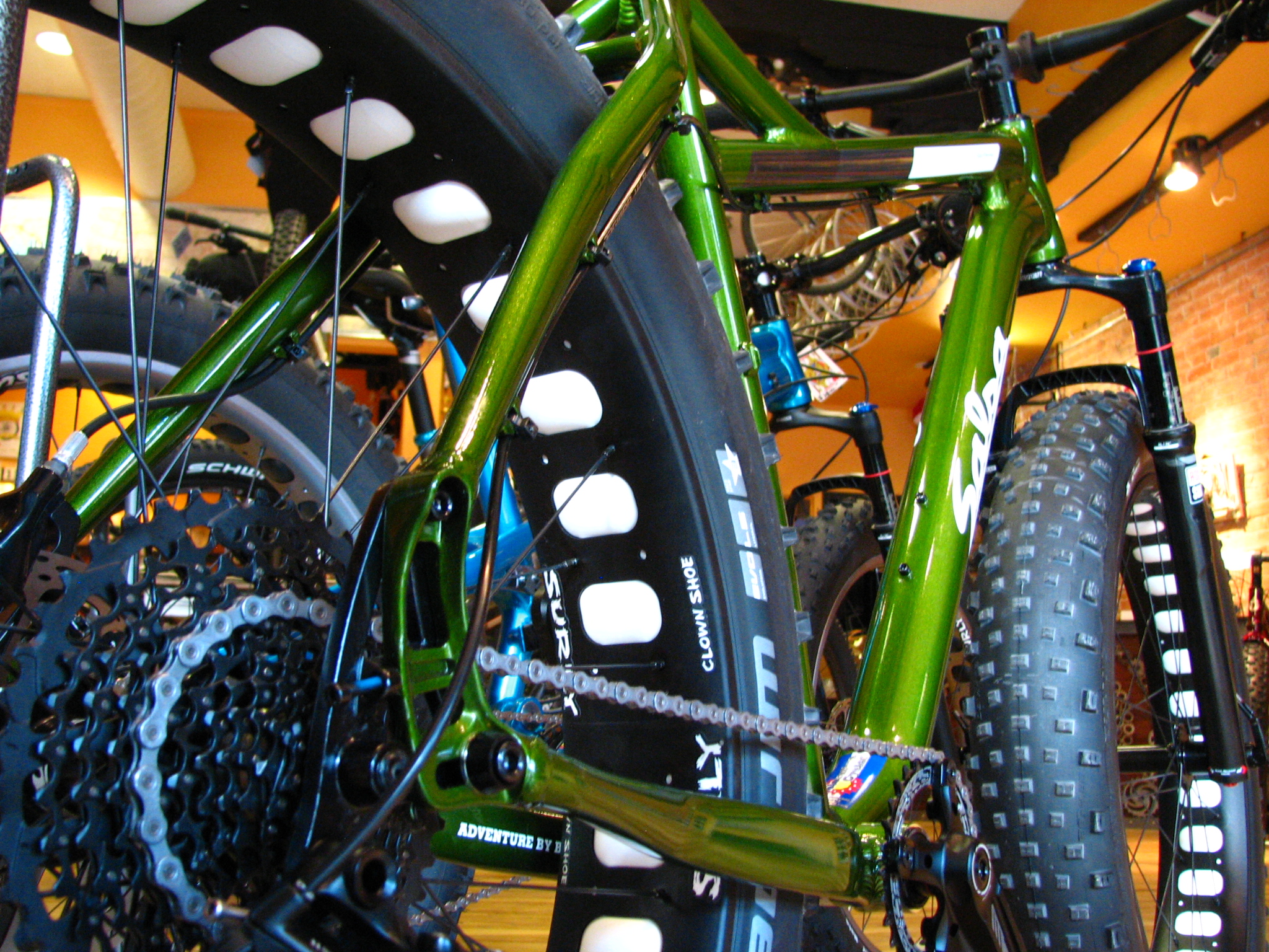 Salsa's Blackborow GX1, lookin' sassy. This 1x11, Bluto-equipped, 4.8"-tire bike is a more trail- and packed-snow-oriented version of the Blackborow platform.