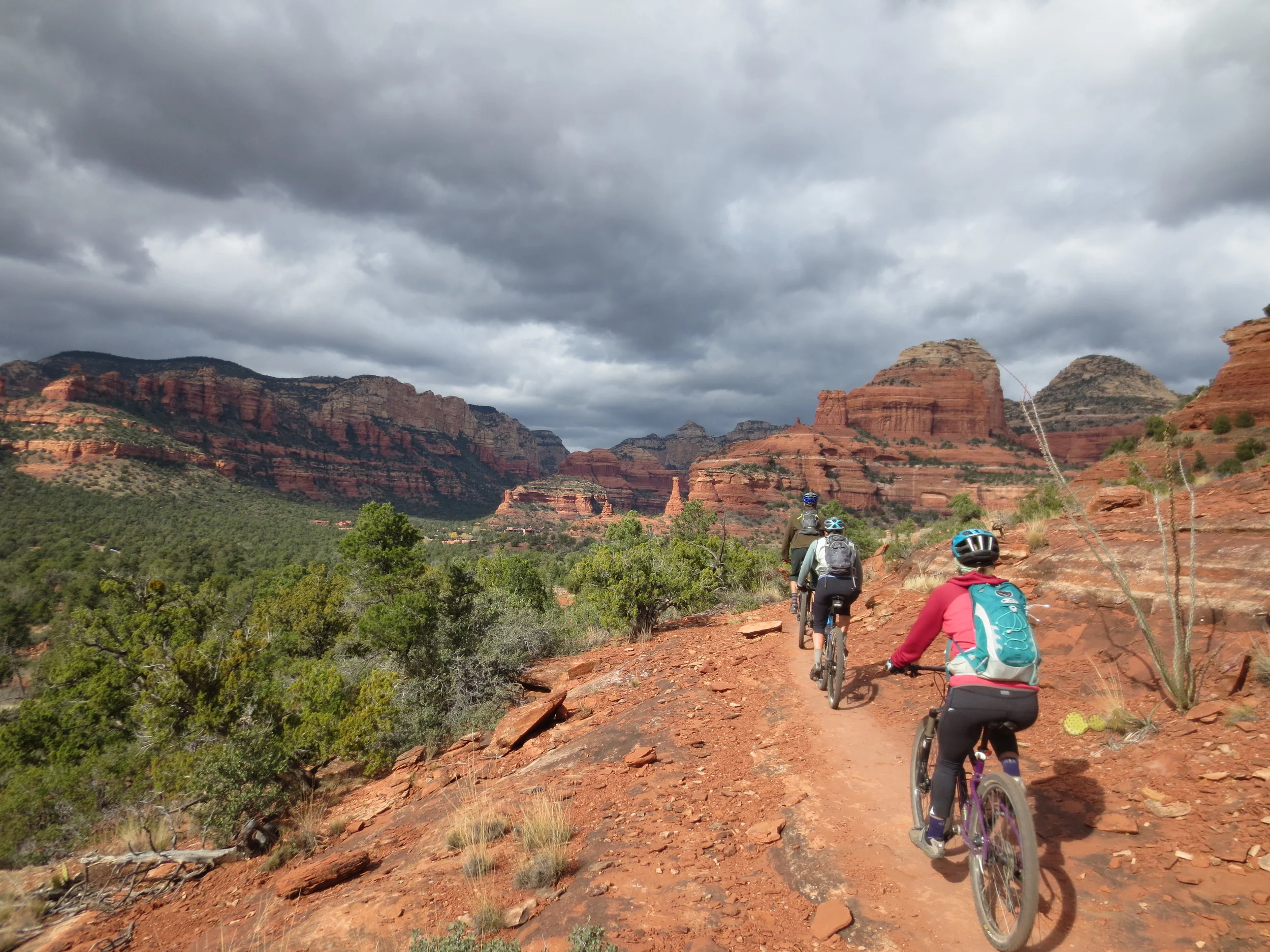 Erika, Sandhya, and Jordan ride into the weather.