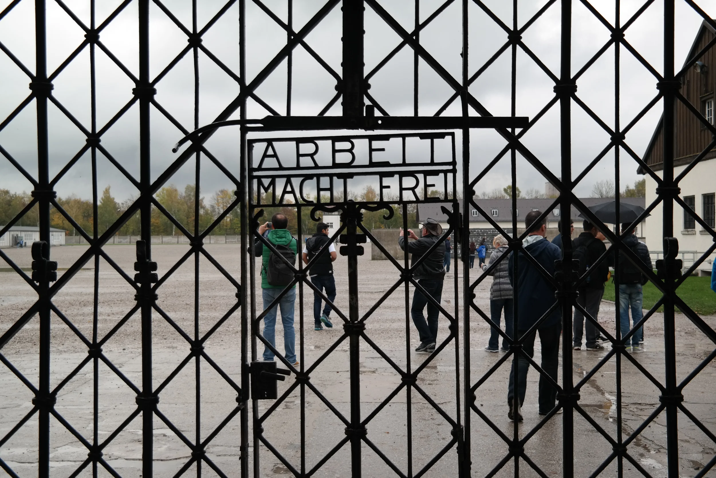 "Work Makes You Free:" text on the gate entering into the Dachau concentration camp.