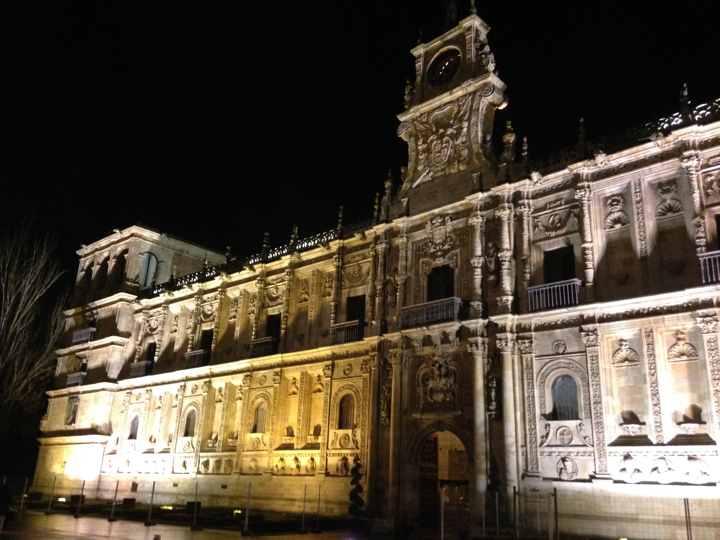 The Hostal de San Marcos (our hotel) at night. 