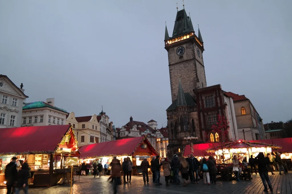 The Easter markets at night in the Old Town Square. You can find decorated Easter eggs, hot cider, traditional Czech foods, and a goat or two!