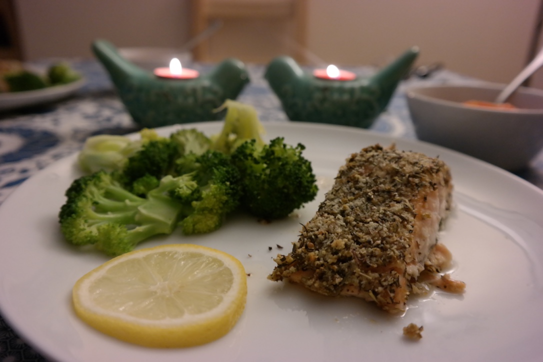 Italian Almond Crusted Salmon . Get the recipe here . We've eaten this recipe a few times, and it's so moist. If you can't find almond meal/flour at your grocery store and don't have a Trader Joe's nearby, get a bag of raw almonds, throw them in your food processor, and blend until fine.