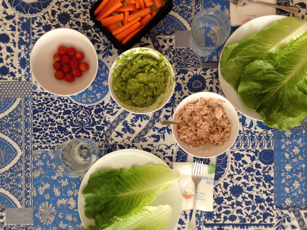 Homemade guacamole (2 avocadoes, lots of lime juice, salt and pepper + veggies to dip) and homemade tuna salad are standbys. 