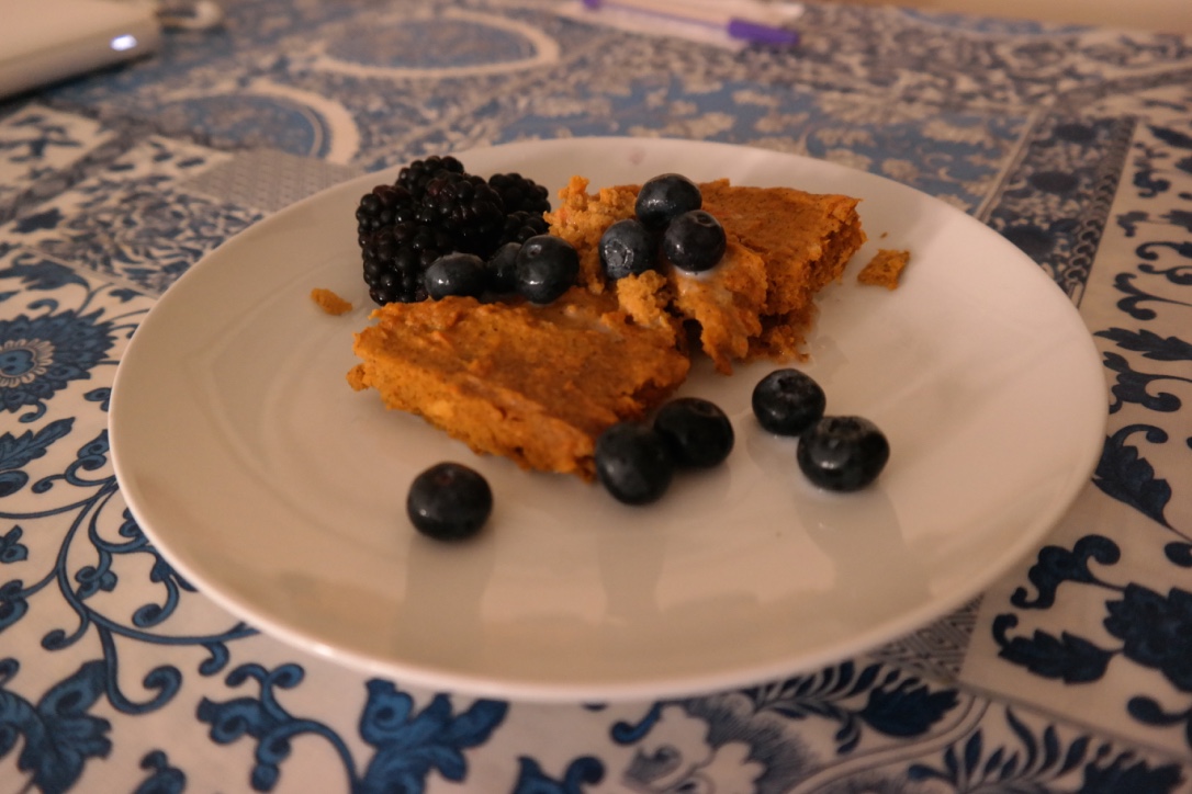 Sweet potato and carrot custard . I baked a second one of these tonight, and am about to dig into it for dessert. This custard is really good with a splash of almond milk and some fresh berries on top.