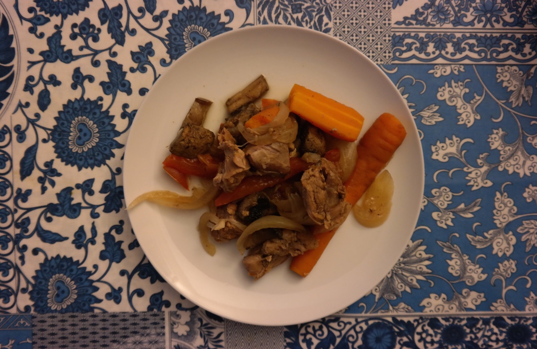 I found a crock pot in the apartment we're staying in, and so I threw some beef tips, carrots, onions, and tomatoes in along with beef stock. It wasn't the most flavorful thing we've eaten, but it satisfied our desire for some red meat and veggies.