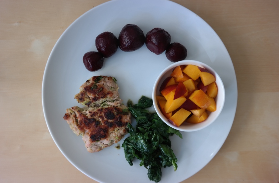 Chicken avocado burgers with sauteed spinach, beets, and apricot . I found out that I really like beets (and that John won't touch them--so they're all mine! Mwahaha!) this week.