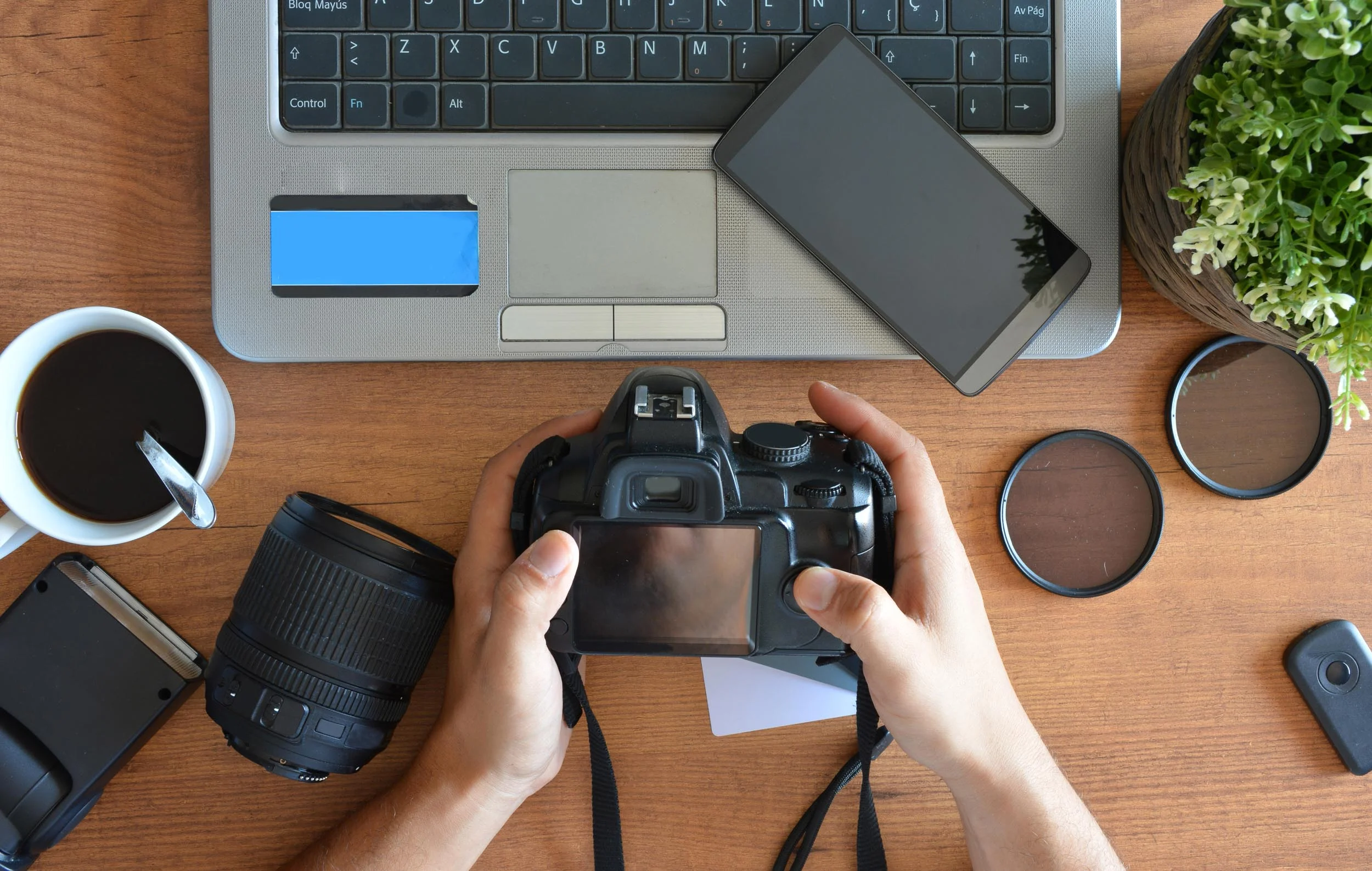desktop with photography equipment