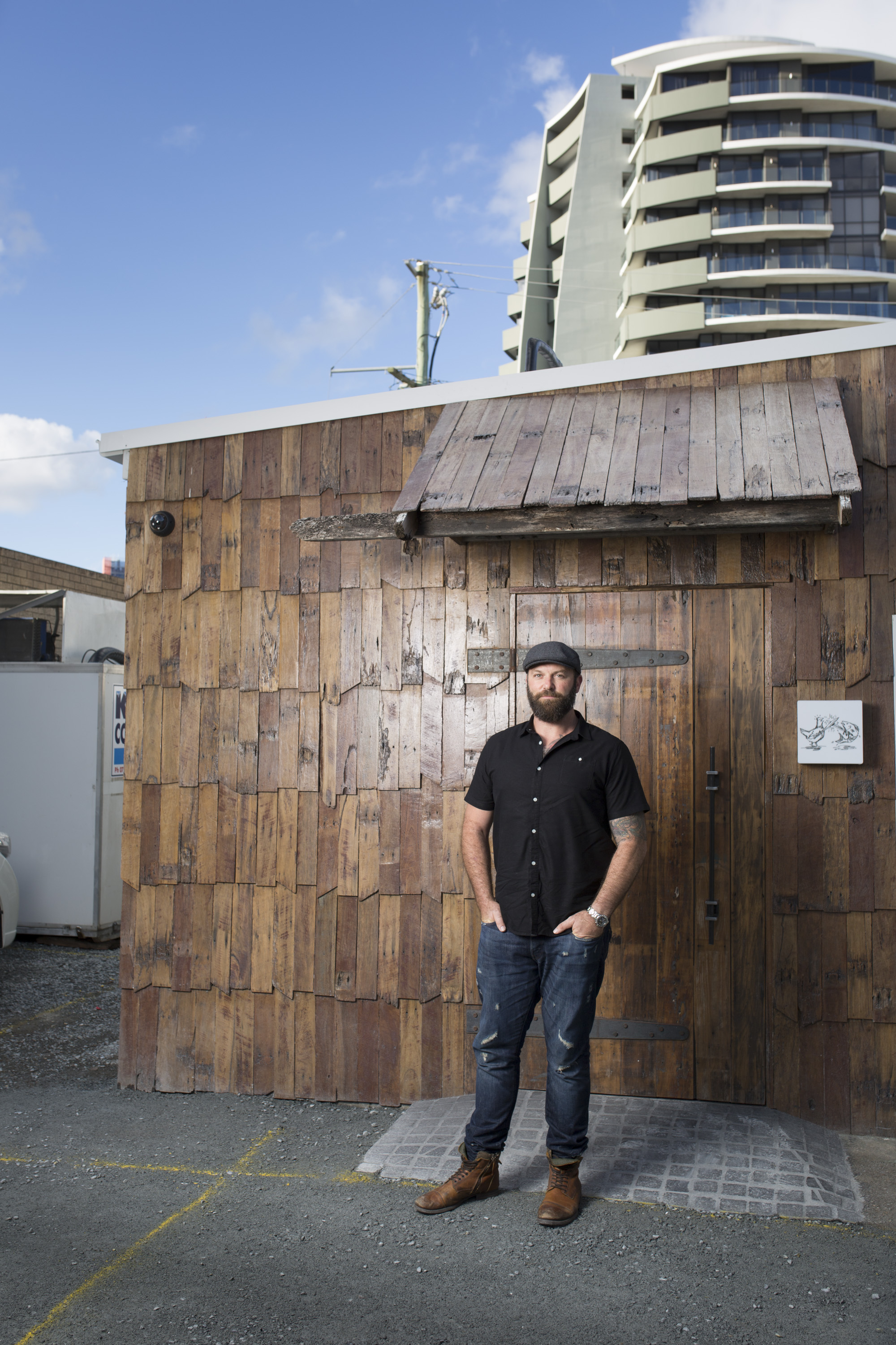  Iku Yakitori, 1730 Gold Coast Highway, Burleigh Heads, Qld. Owner Mitch McCluskey at the back entry to the Restaurant, no signage just a little light on the wall. 