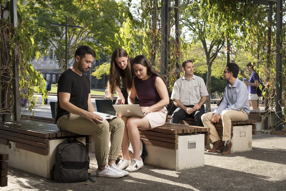 Students gather at Campbell Place at the University of Qld, St Lucia Campus.