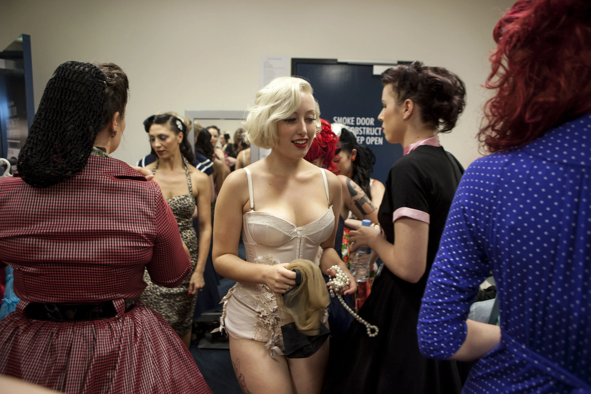  Surf N Ink Tattoo Show, Gold Coast, Backstage for Pinup Girls Competition, Mademoiselle Le Neveu (white hair) 