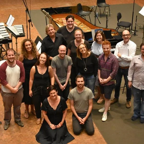The Song Company & Syzygy Ensemble at ABC Adelaide recording ‘Hidden Thoughts’. Also, composer Katy Abbott and director Thomas de Mallet Burgess. Image: Antony Pitts.