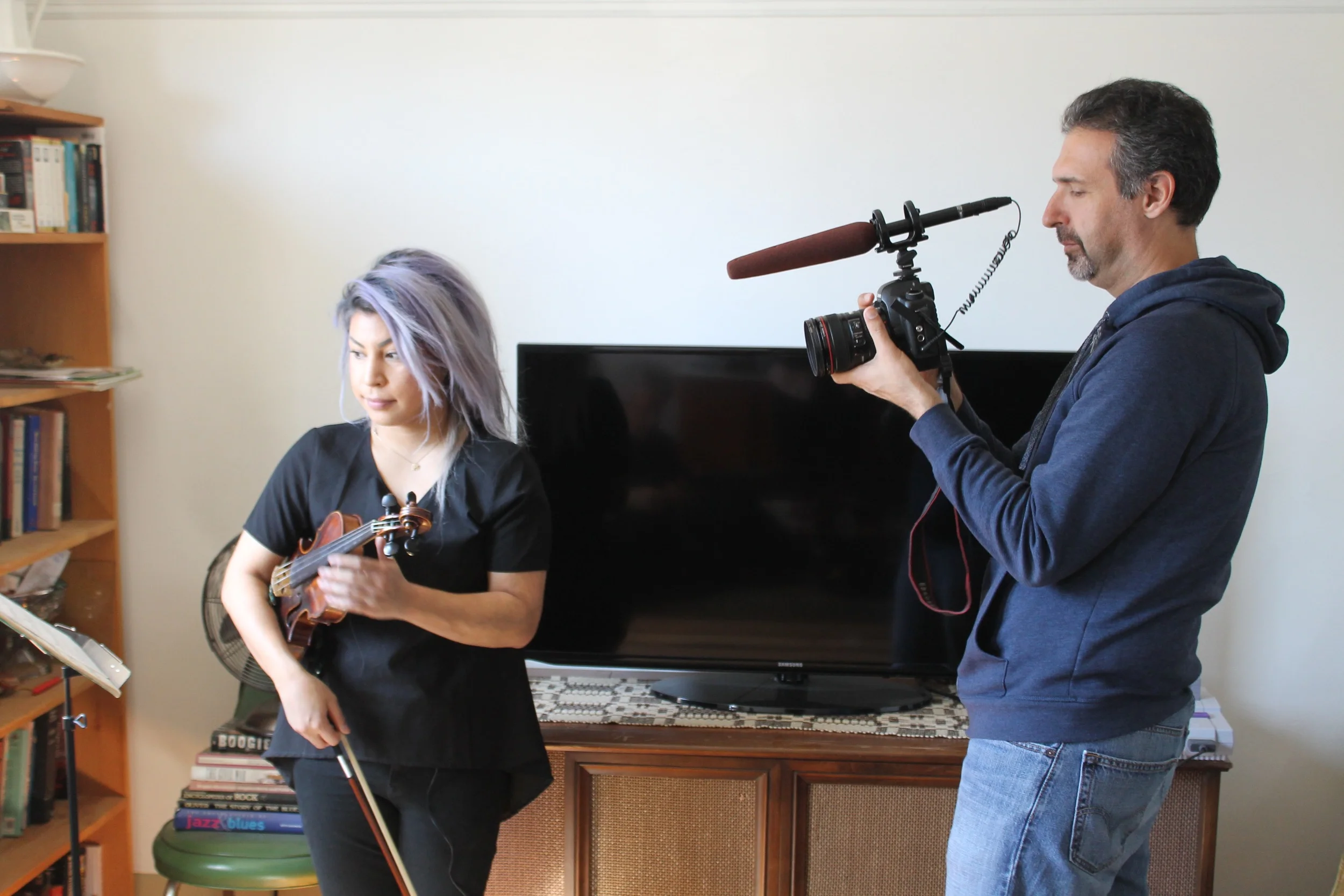 Singer, violinist and musician Maya Killtron (left) with cinematographer Igal Hecht (right) - Apr. 2016