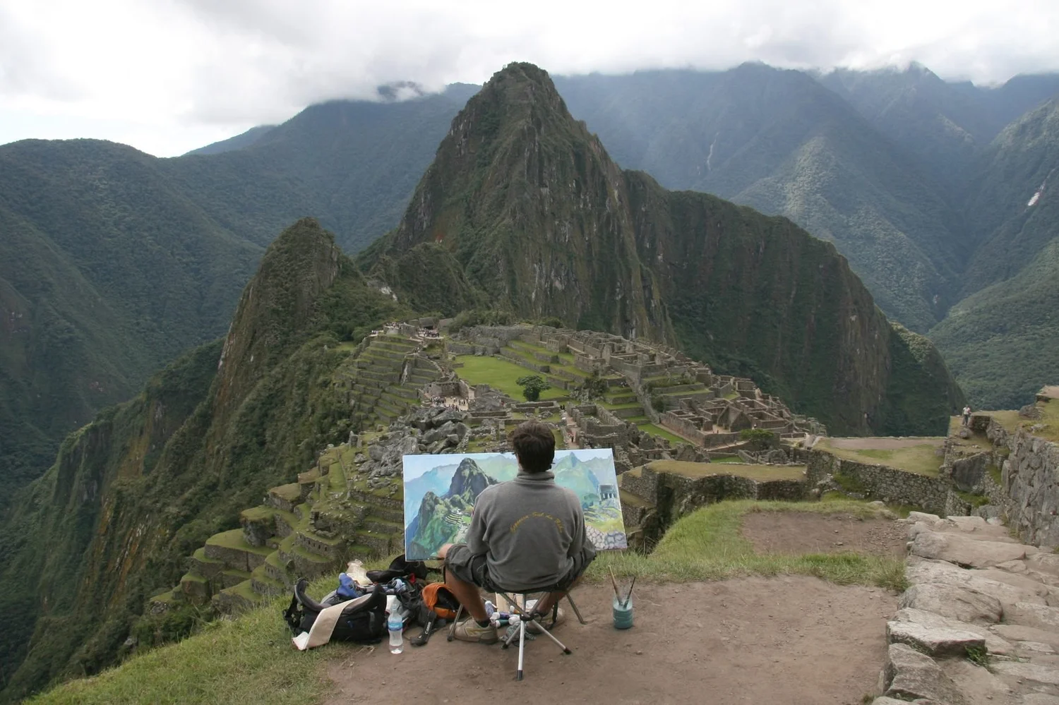 Artist Luis Casanova Sorolla painting the citadel of Machu Picchu, Peru, June 2007