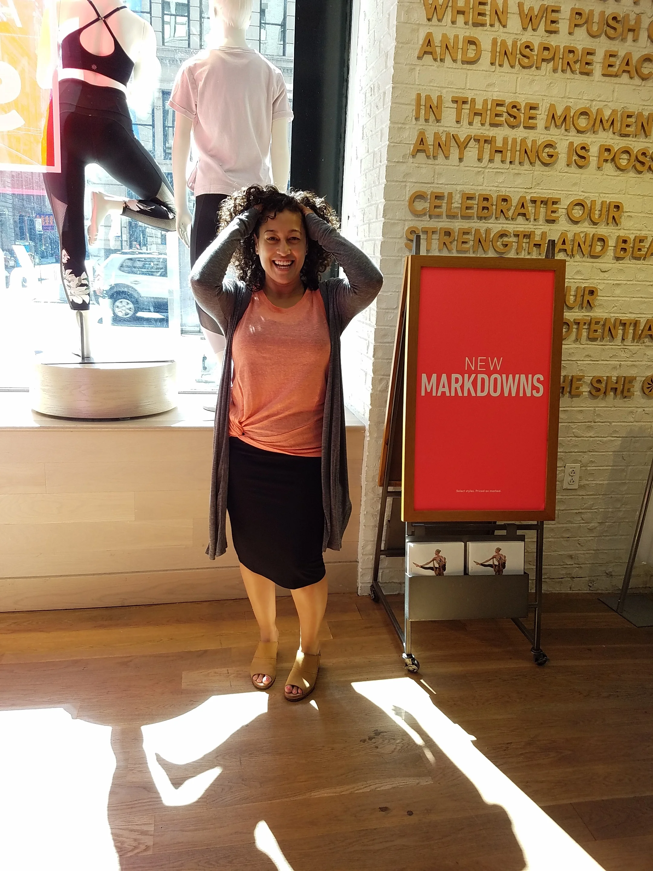 This entire outfit was on sale! Click the links to check out the Camino Wrap , Knot Zephyr Tank and High Rise Tube Skirt or stop by on Wednesday to try them on in person!