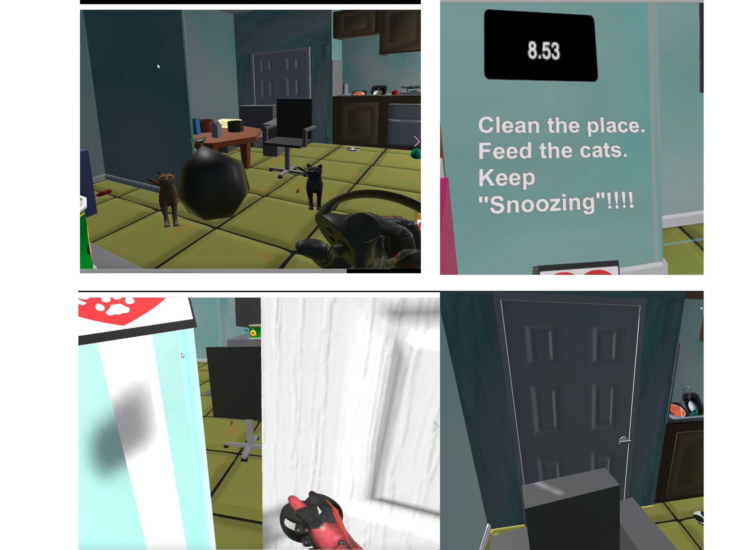 Prototype 2 User Test Feedback: Timer is too short. A lot of players struggled to find out which one is the snooze button. The instruction is distracted and hard to read. Flying cats are not cute. They are rather creepy and annoying.