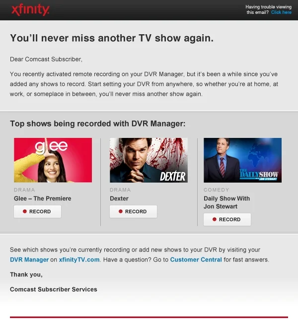Comcast XFINITY Remote DVR Email