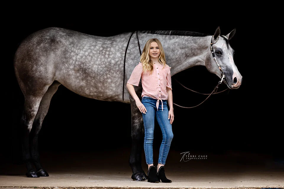 Grey horse with girl on a black background