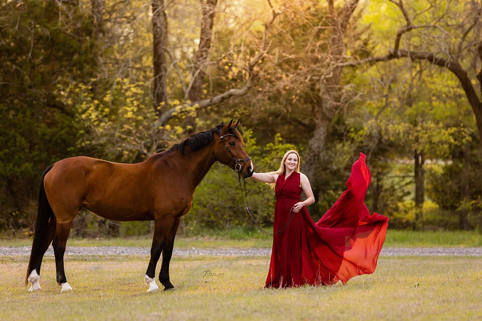 Horse and girl in a long flowy dress in north Texas