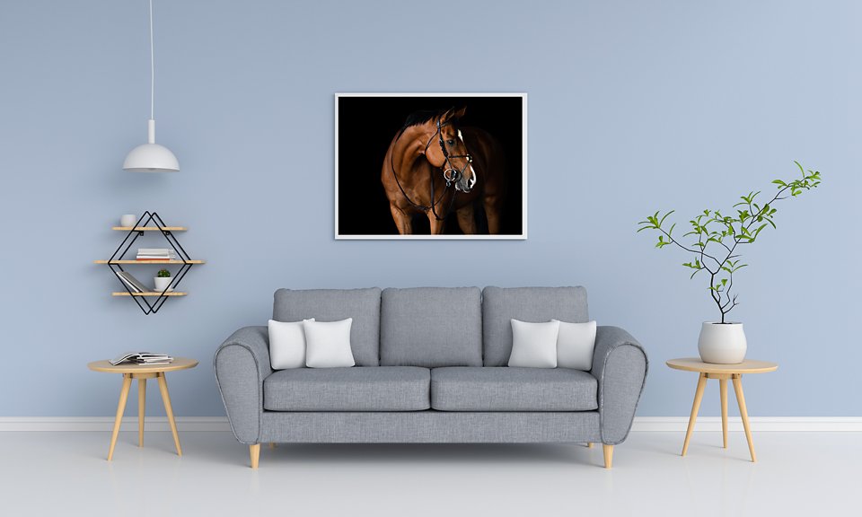 Blank photo frame for mockup in living room, 3D rendering