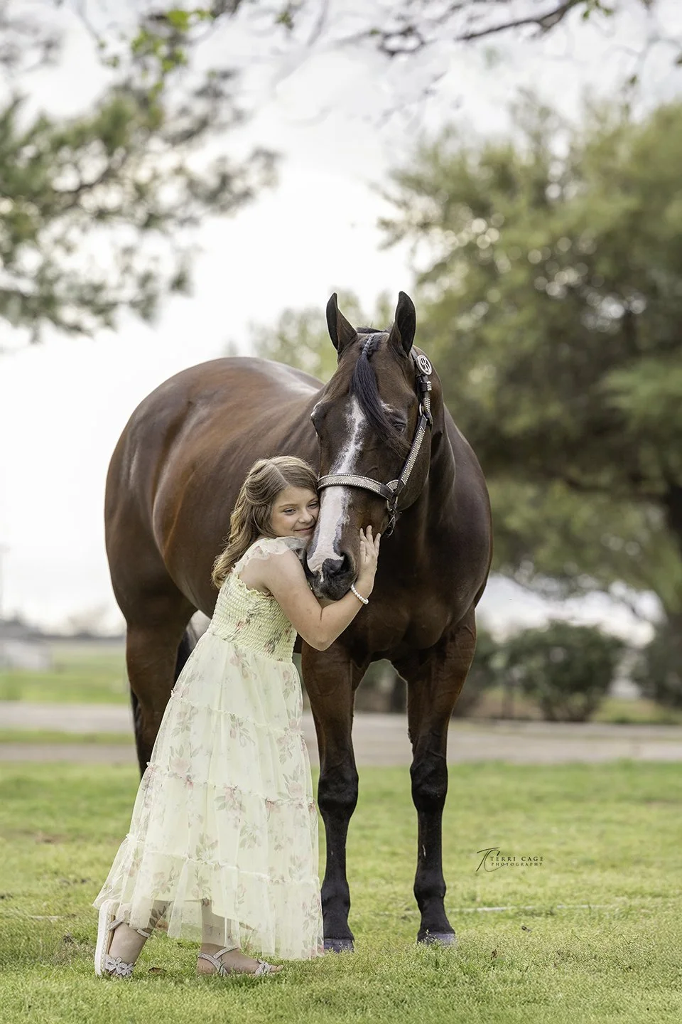Girl with horse wearing dress
