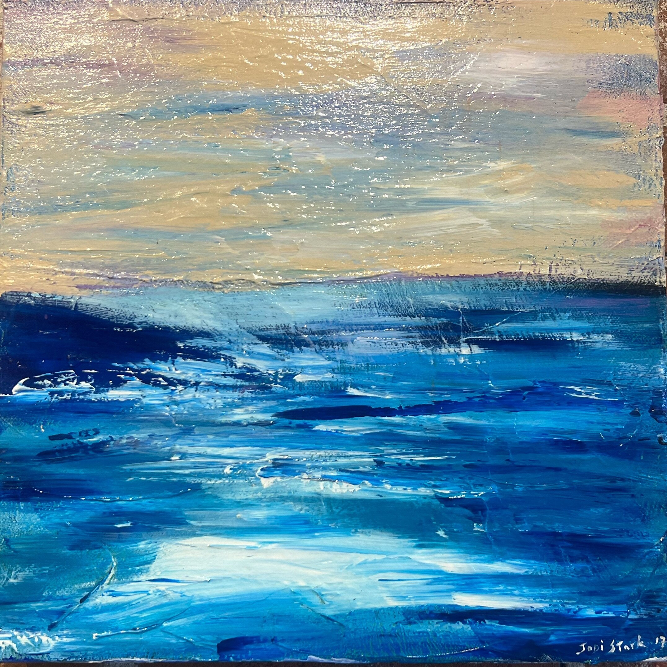 &ldquo;A Calming Evening Sky&rdquo;, by Jodi Stark @jodistarkartist , 10 x 10 acrylic on canvas, $150, As part of our Artful Elements show running along the big brick wall in our gallery space. Bright abstractions seem to be the name of the game this