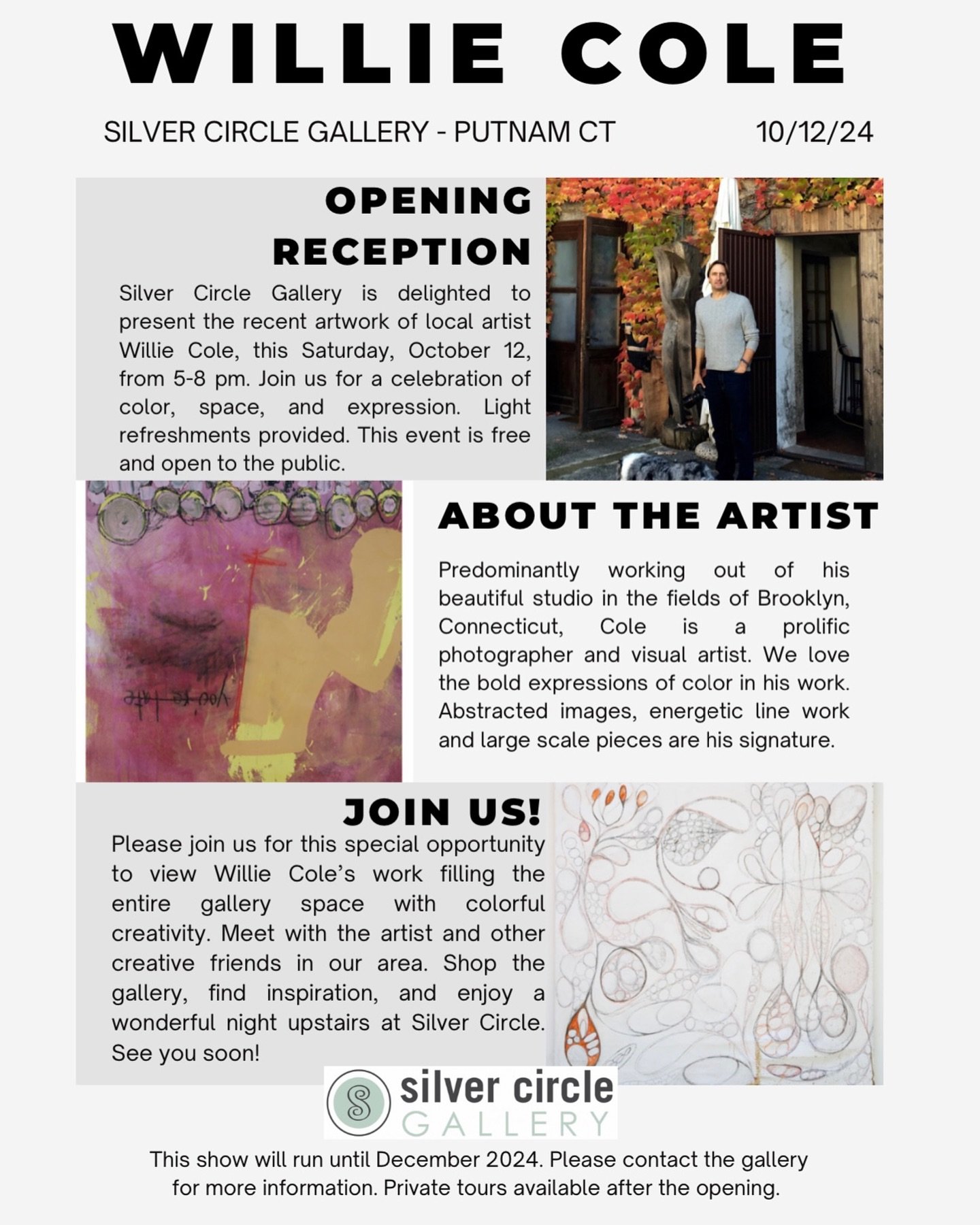 This weekend! Join us for the opening reception for @artwilliecole as he takes over the entire gallery! Giant, bright, abstract! Come and see. 5-8 pm this Saturday, 10/12, upstairs at the gallery. Mingle, shop, and delight in this creative expression