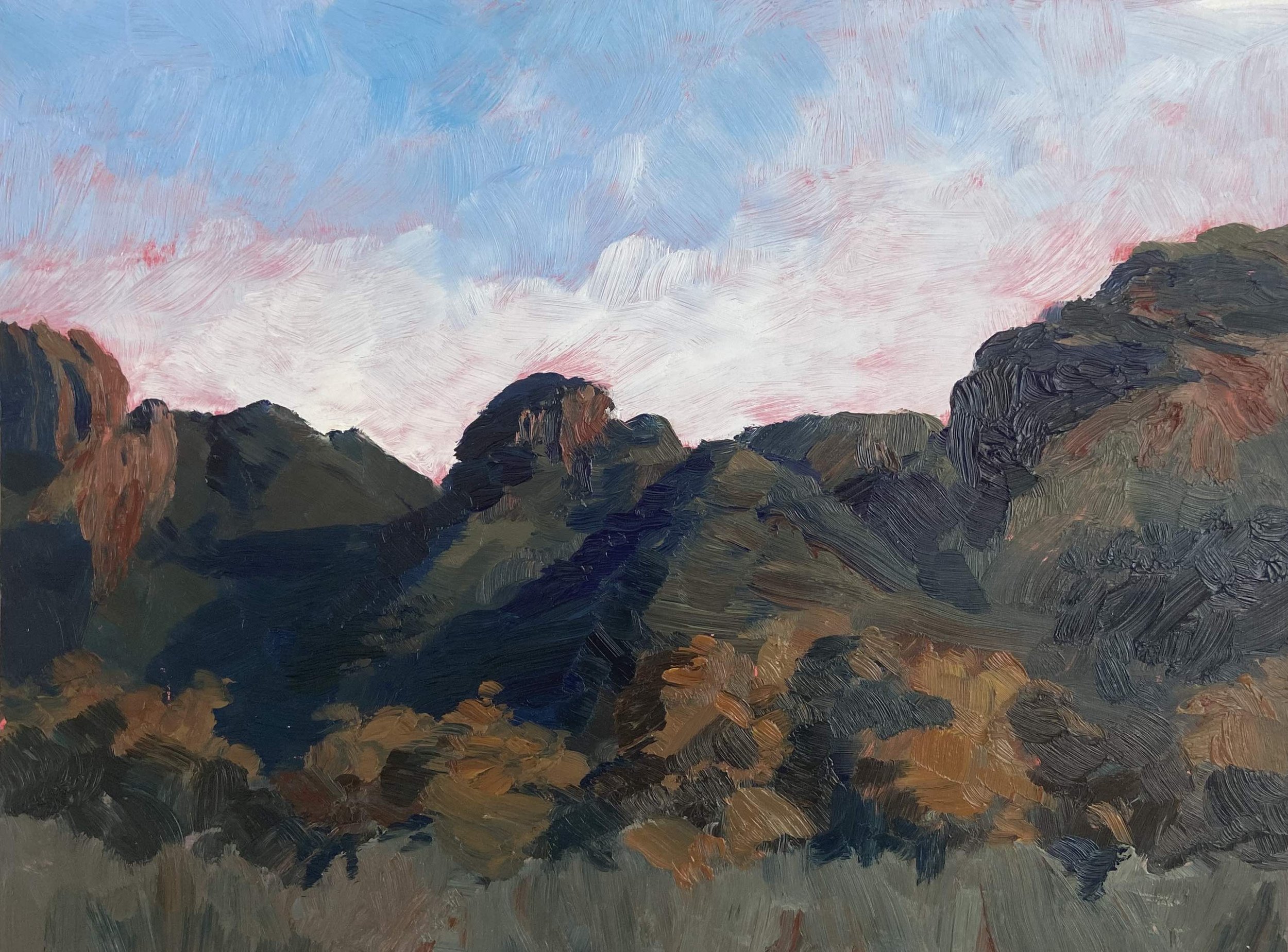 Warrumbungle Dreaming III, Oil on board, 30 x 40 cm, framed, $950