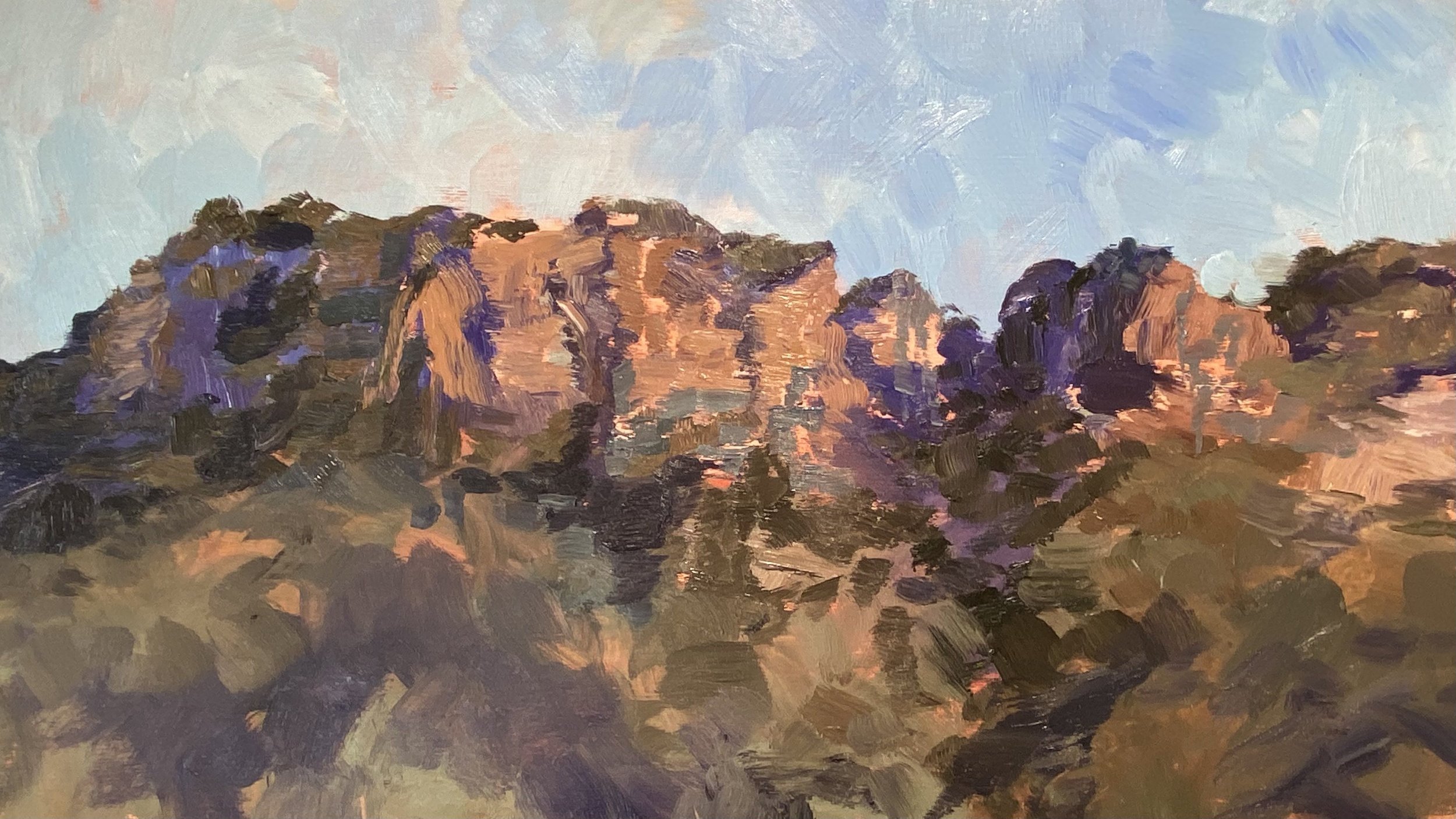 Glowing Cliffs, Glen Davis, oil on board, 30 x 54 cm, 2023, $1450