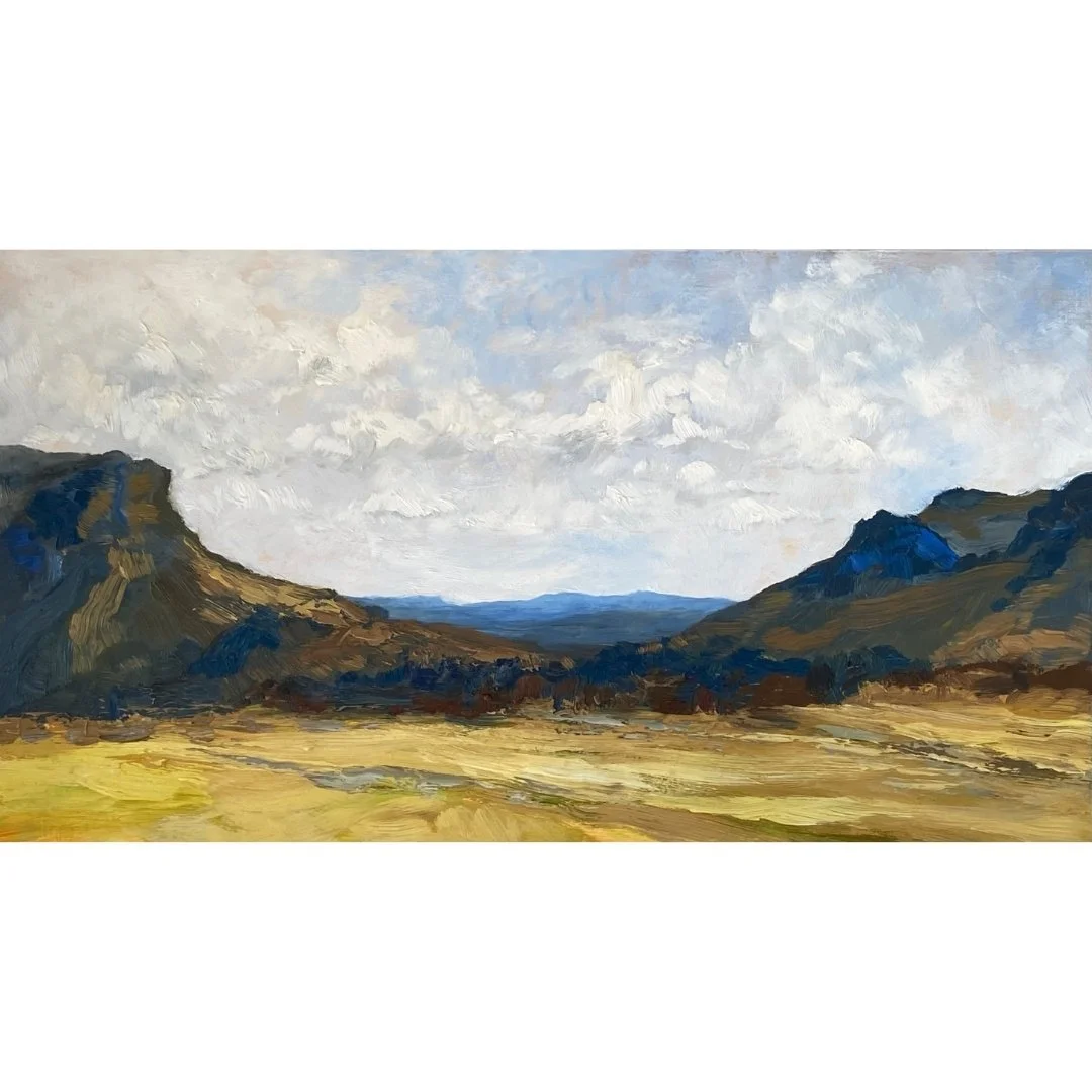 Ancient Valley, Glen Davis, 2023, oil on board, 30 x 54 cm