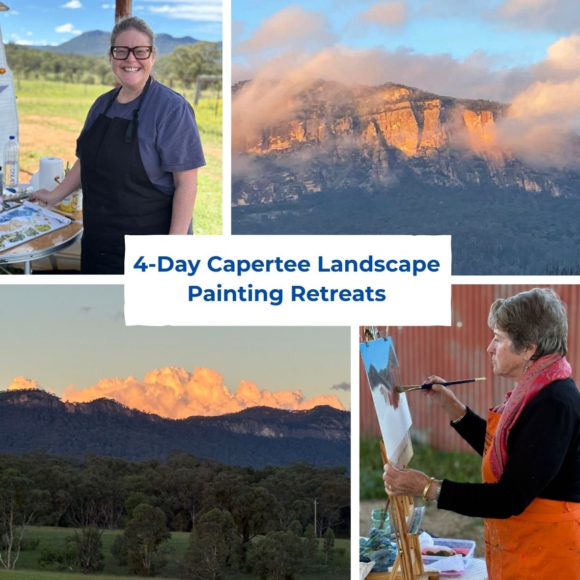 Landscape painters working at easels outdoors and a mountain vista in the Capertee Valley NSW