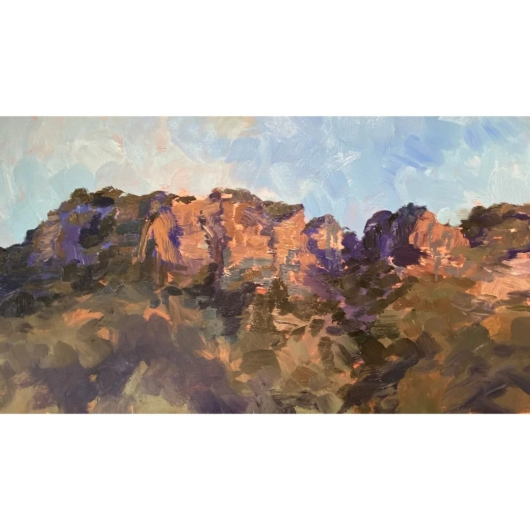 Glowing Cliffs, Glen Davis, 2023, oil on board, 30 x 54 cm