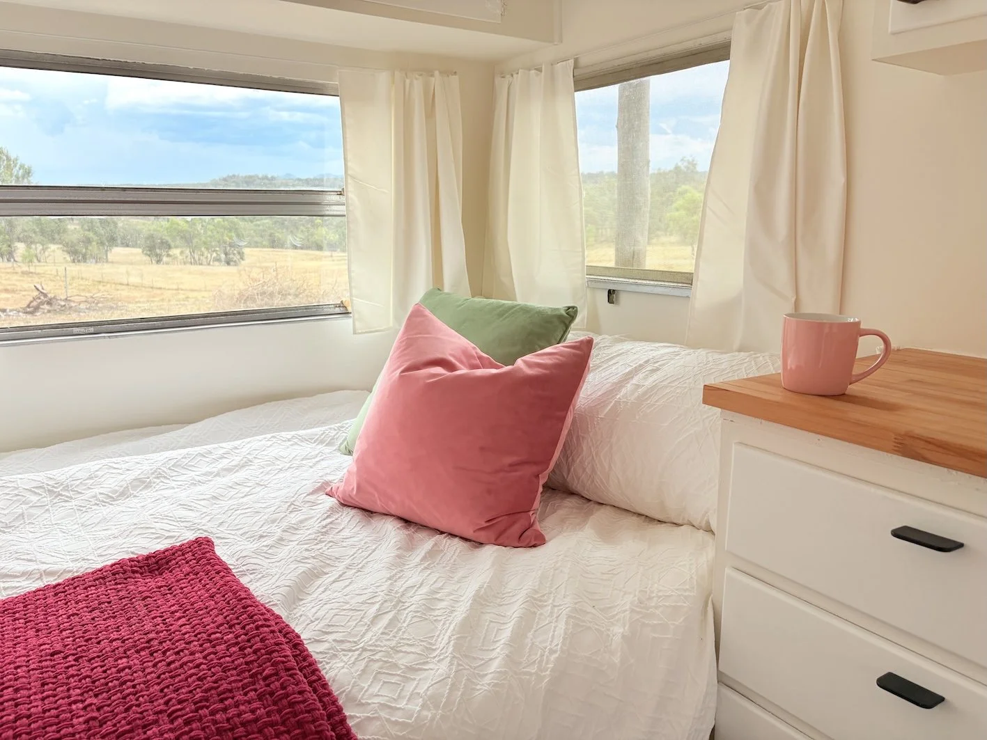 Interior of restored vintage caravan on retreat farm in Capertee