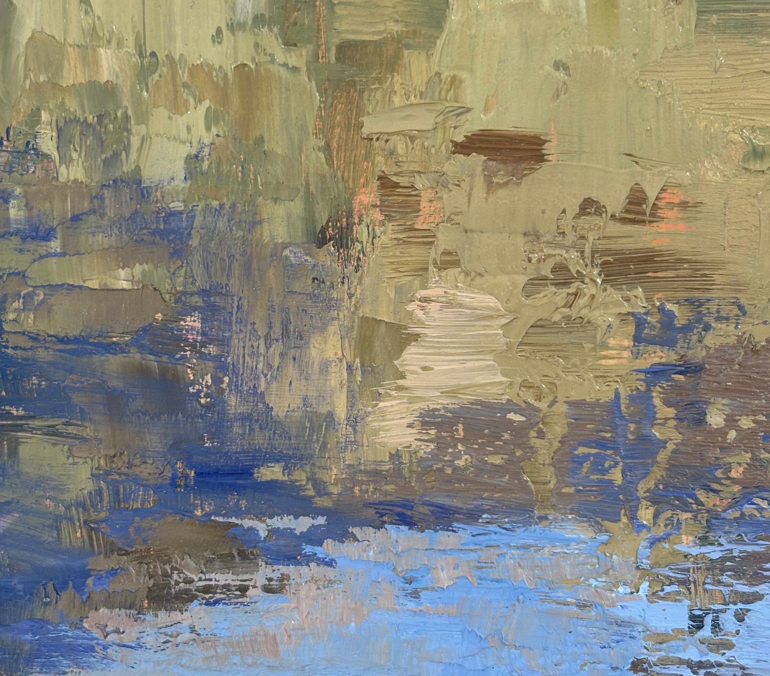 Thick oil paint in green, umber and purple