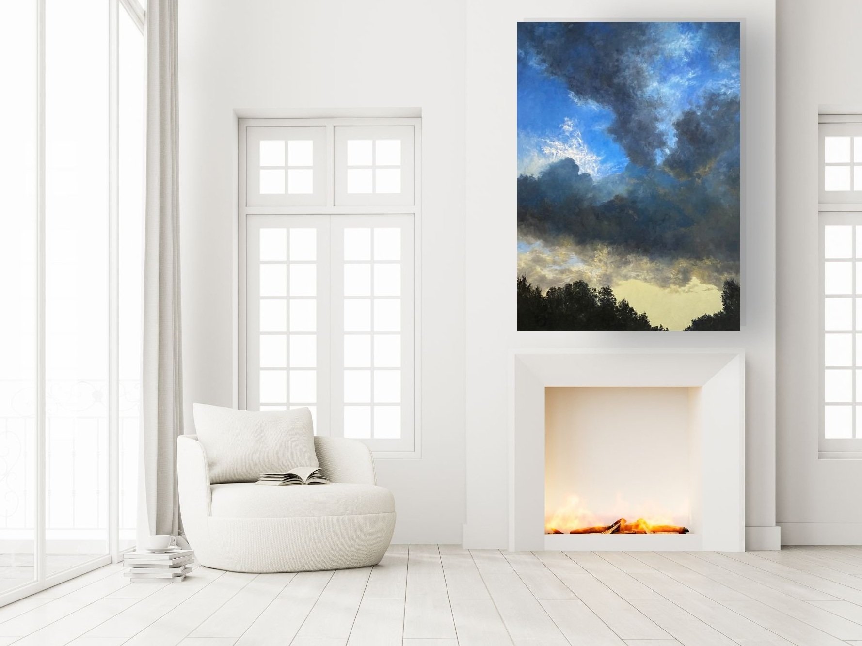 Large sky painting over a fire in neutral white living room