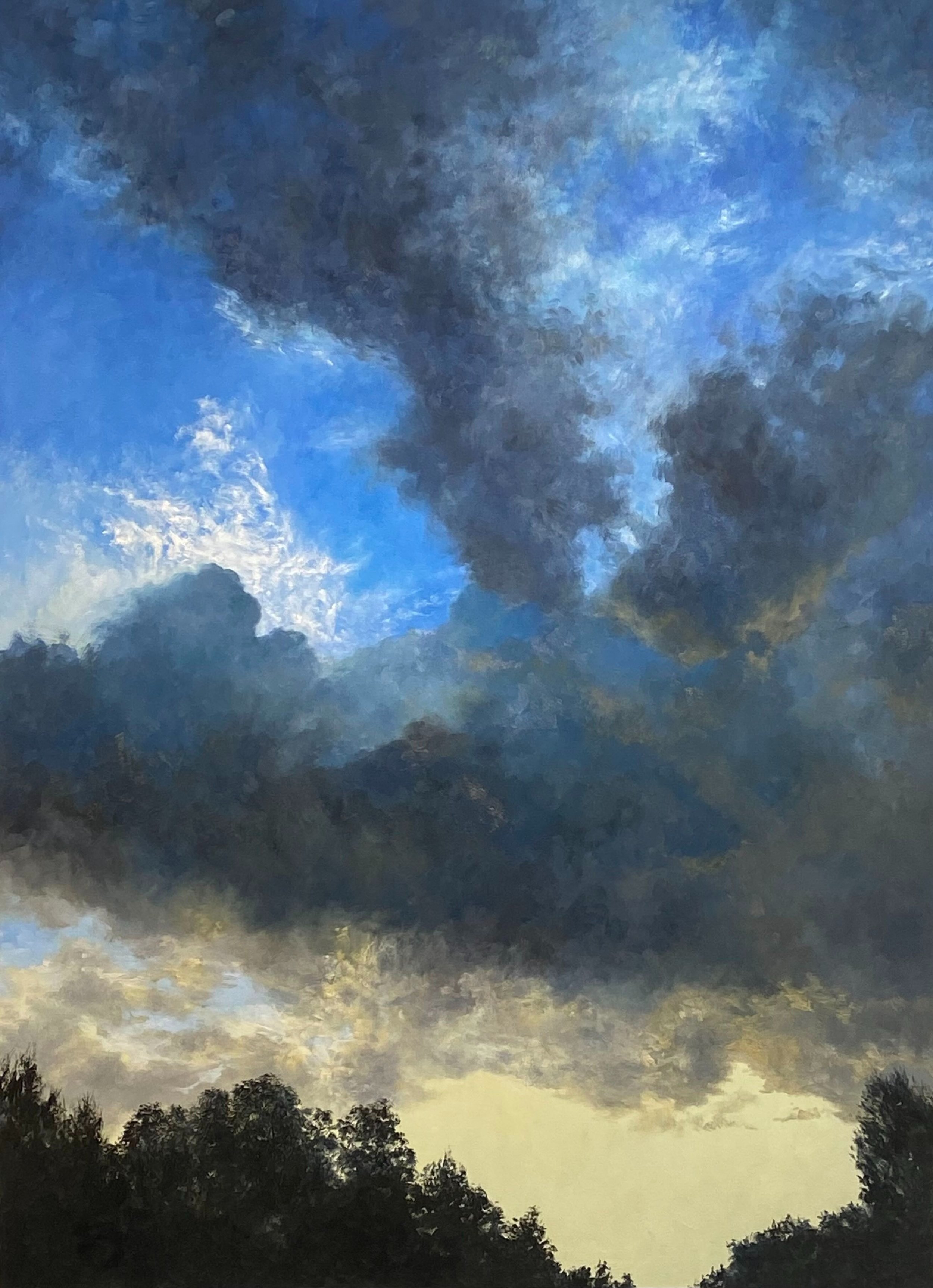 Landscape painting of dusk sky with large dark clouds, yellow horizon and line of trees silhouetted
