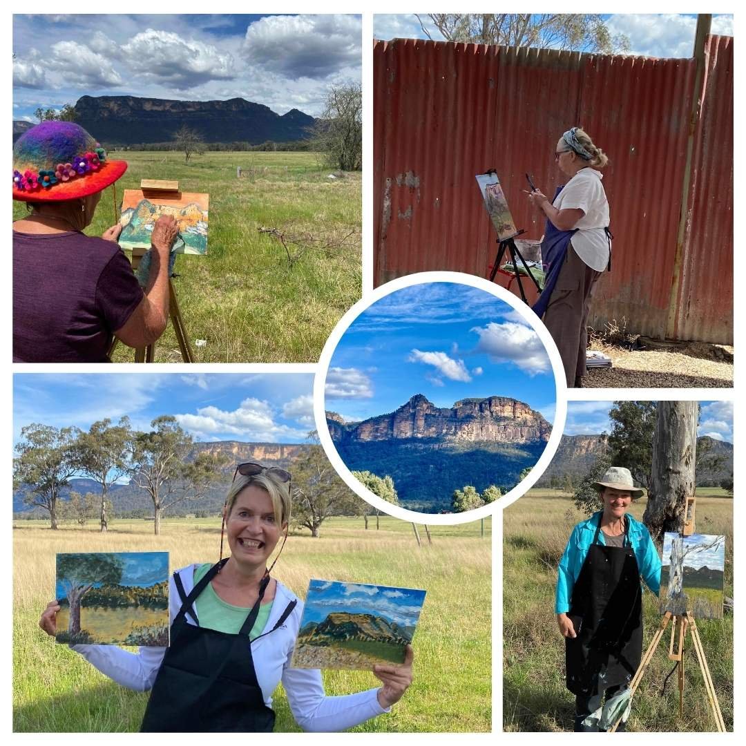 Collage of painting retreat students painting en plein air and holding their work, smiling in the Capertee Valley amongst the mountains