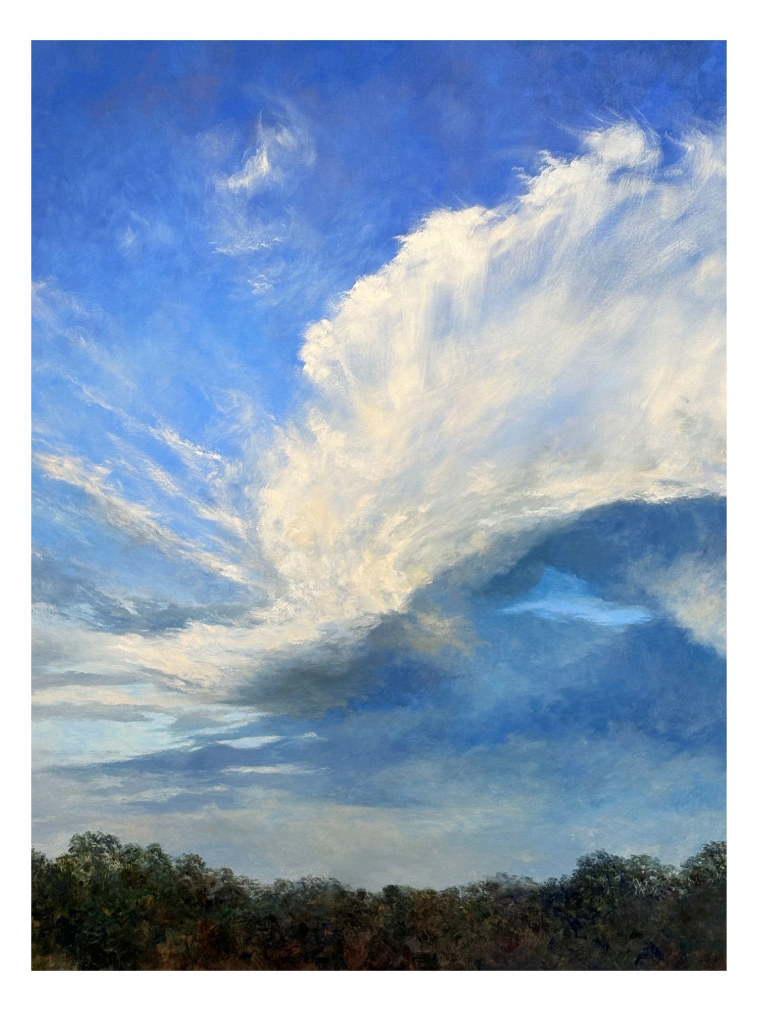 A large white cloud with grey underbelly and mountains bush across the bottom of the landscape