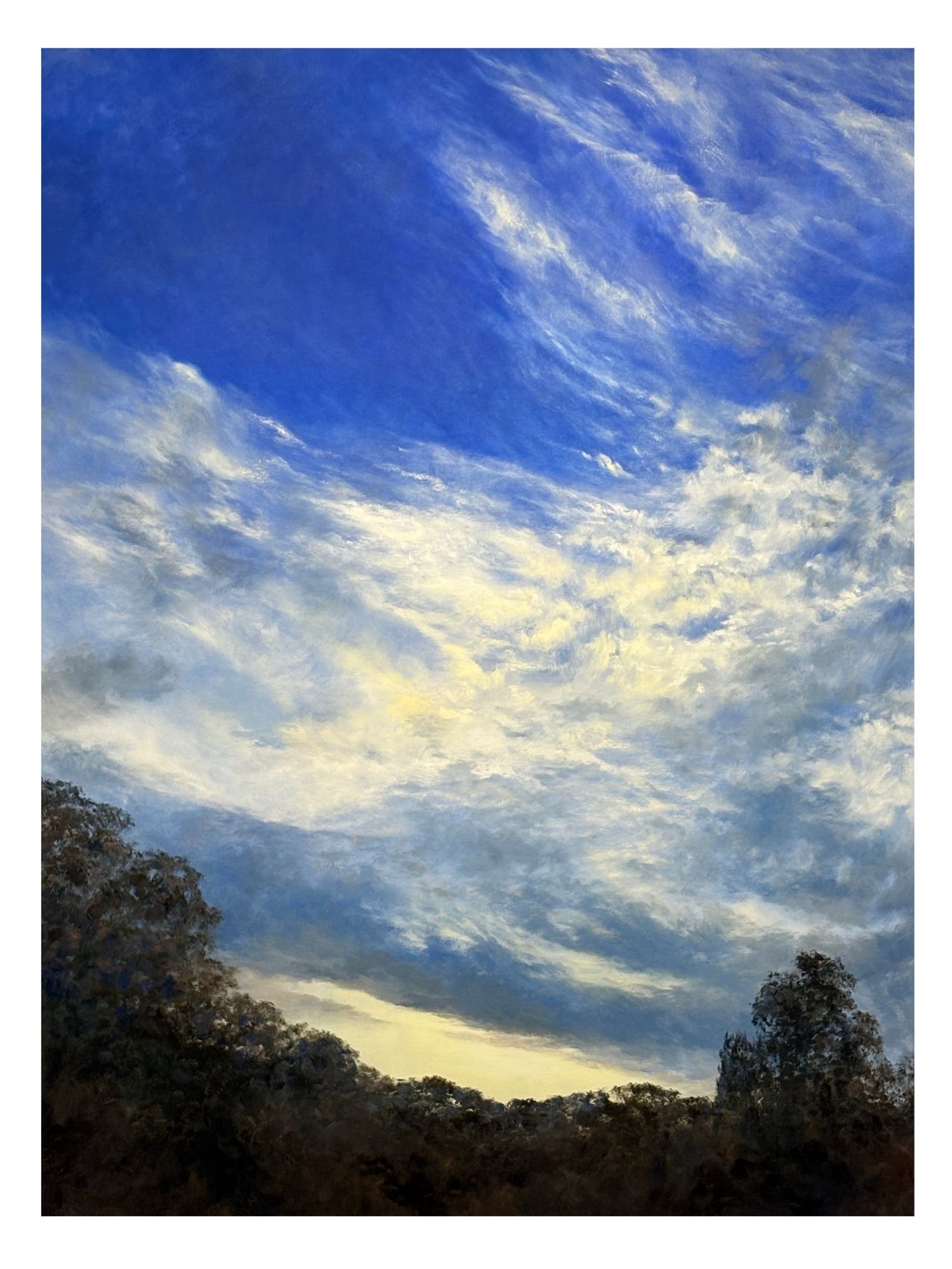 Large landscape painting of clouds, dark trees and azure sky