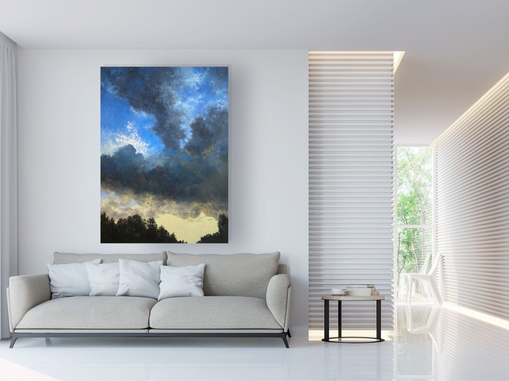 Colourful sky painting landscape in a white living room over sofa in modern home