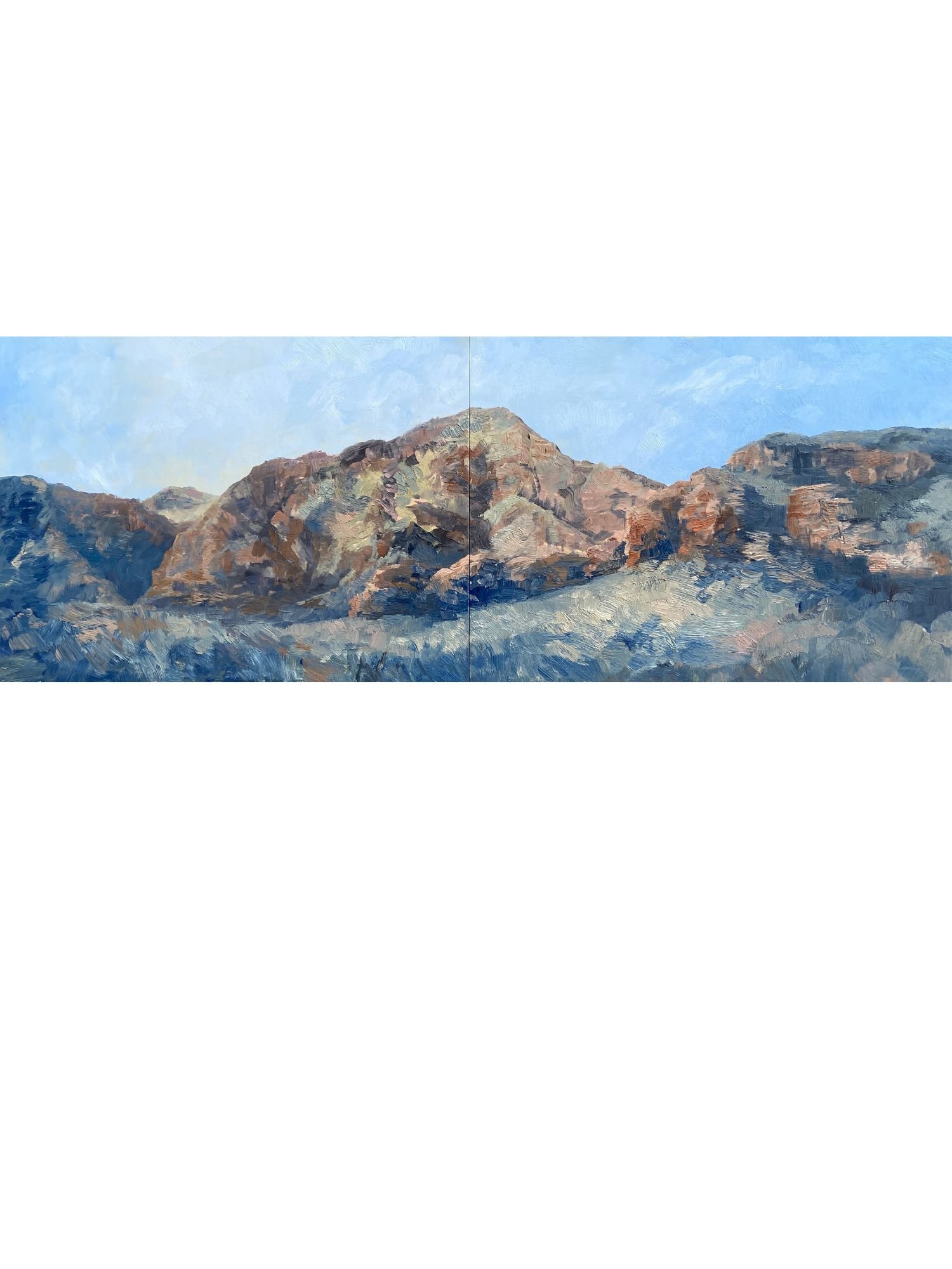 Plein air painting of desert mountains covered in green grass with rocky outcrops in the mountains, blue sky