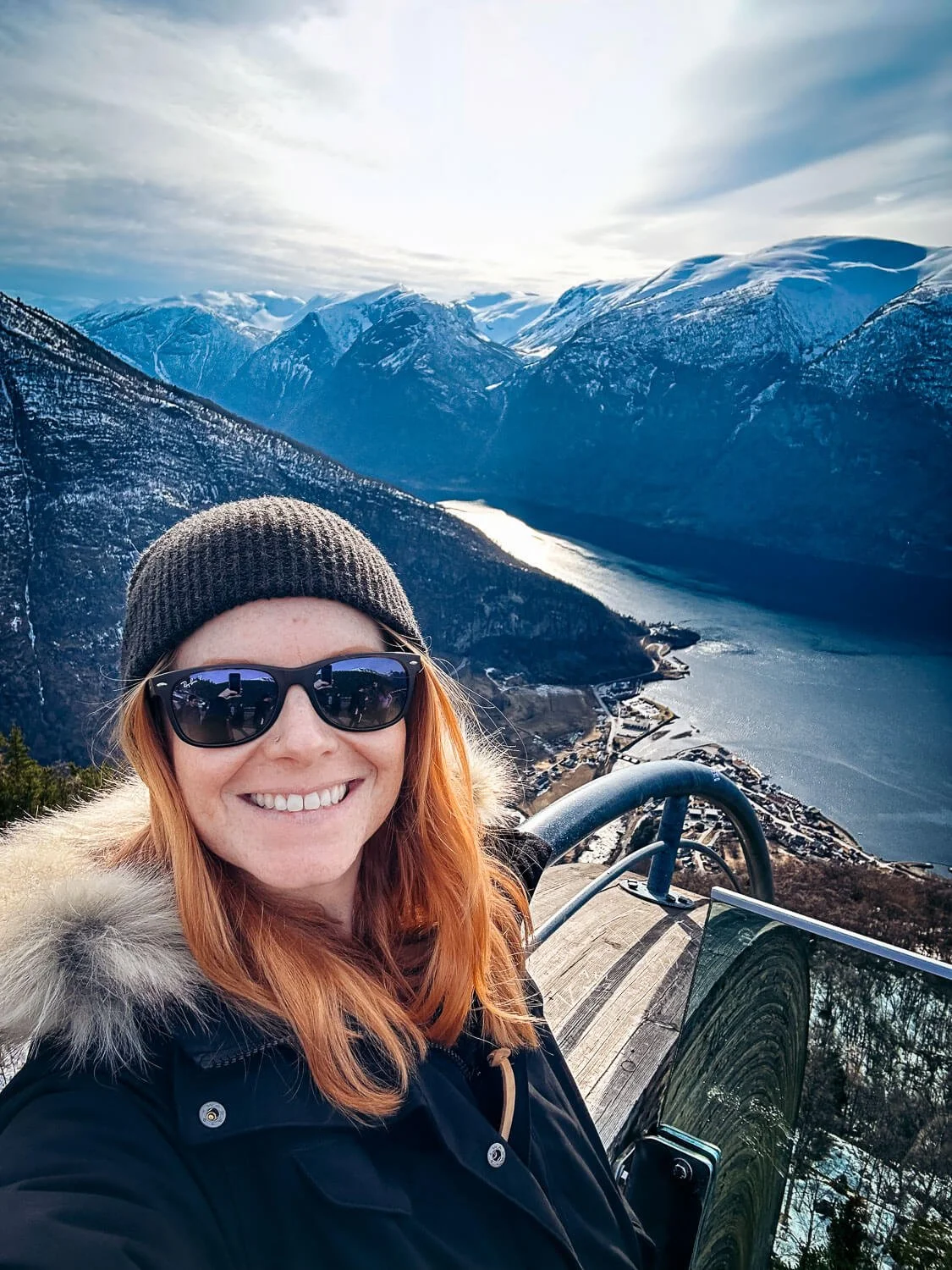 The Traveling Ginger selfie at Stegastein Viewpoint above the Aurlandsfjord Norway