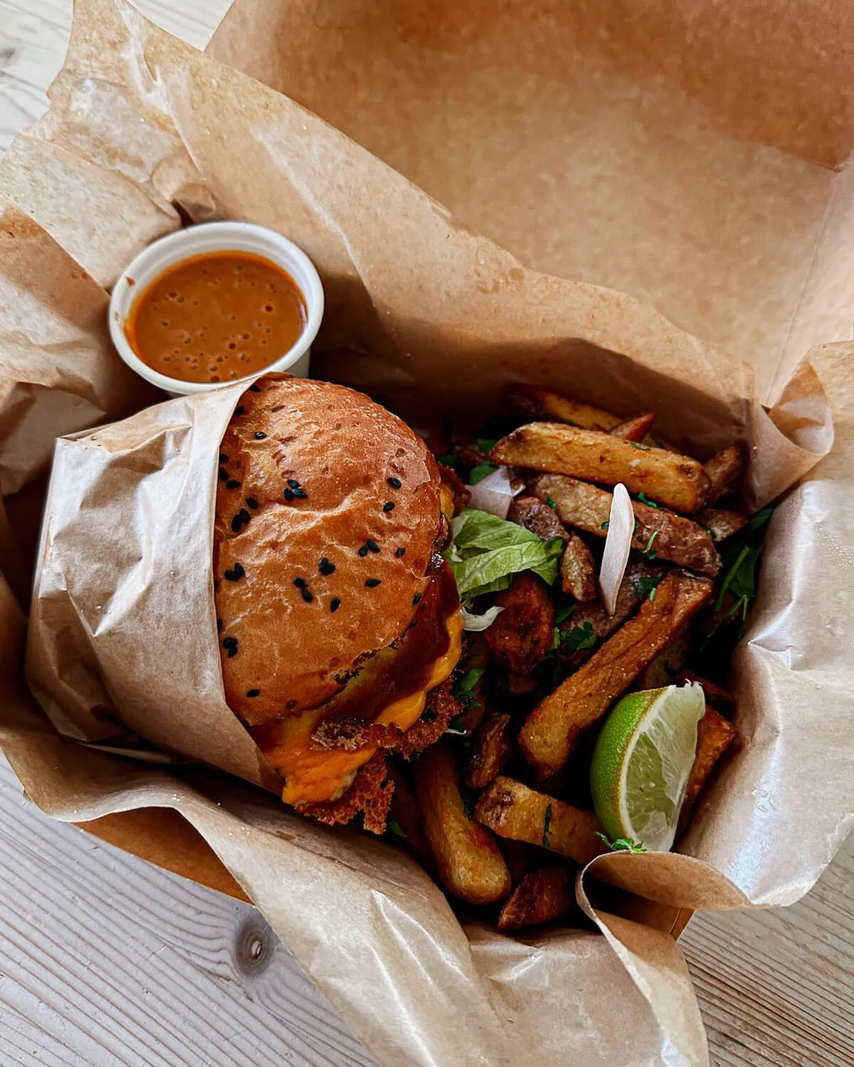 burger and fries from The Greedy Box food truck Alesund Norway
