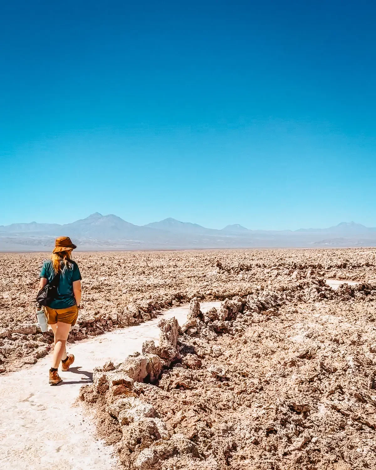 Walking the marked white trail through jagged salt crust at Laguna Chaxa, with Andes peaks in the distance