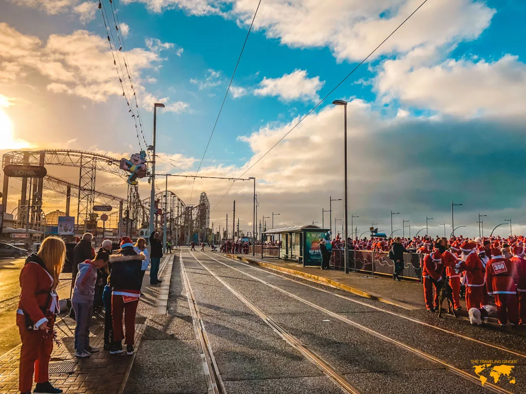 Blackpool Pleasure Beach's Big One Roller coaster on the Santa Fun Day Run where everyone is dressed as Santa Claus.